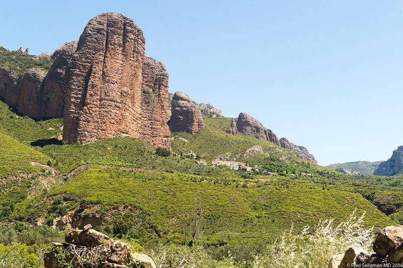 20160601_141105 D4S.jpg - Mallos de Riglos are a set of huge red rock formations that rise up as pillars up to 1000 feet in height.  Its a popular rock climbing place.  Located near Riglos about 25 miles from city of Huesca